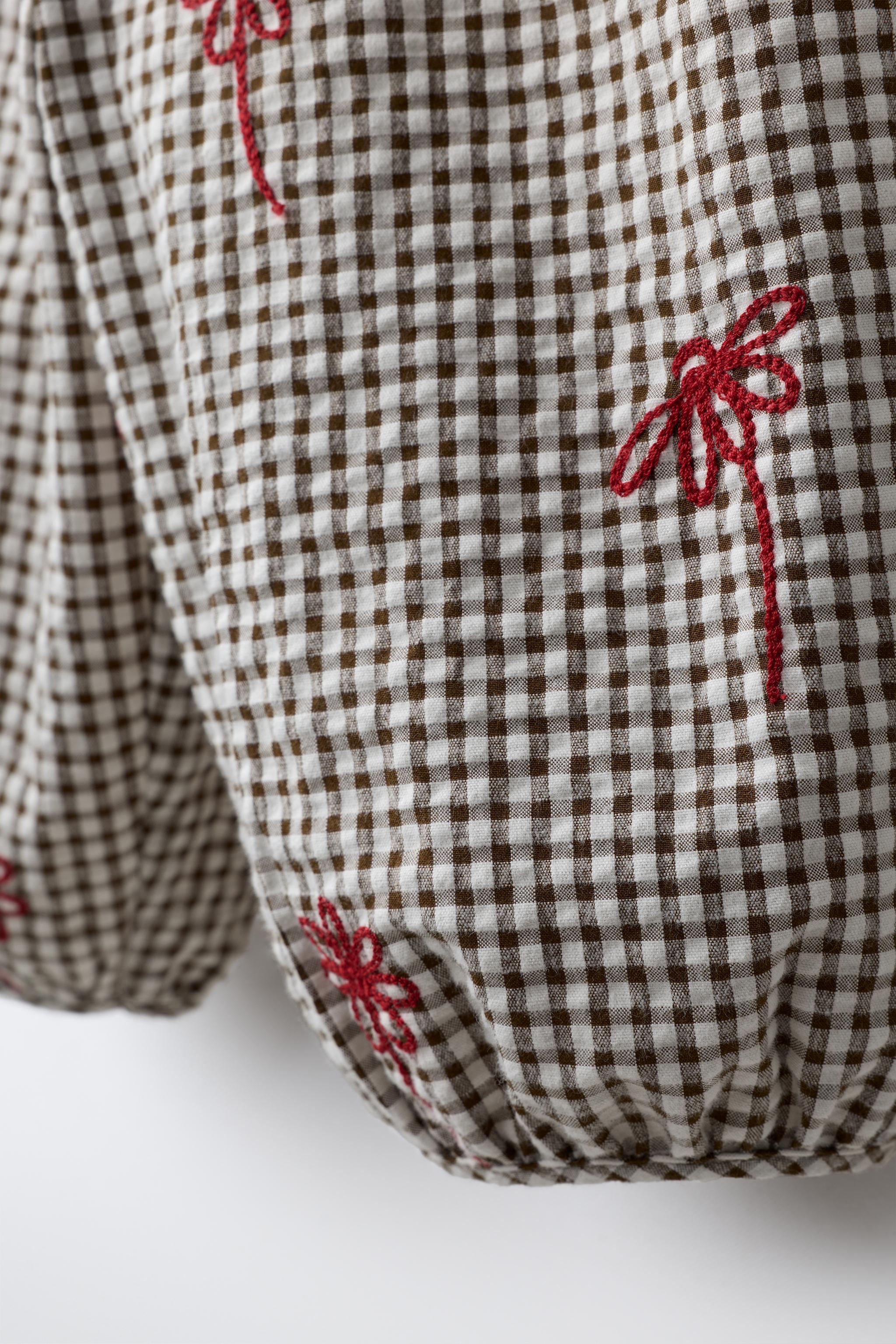 PANTALON BOUFFANT À CARREAUX VICHY ET FLEURS BRODÉES